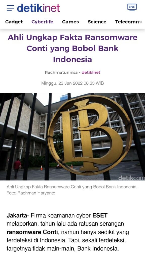 atika keamanan digital. detik.com ahli ungkap fakta ransomware conti yang bobol bank indonesia