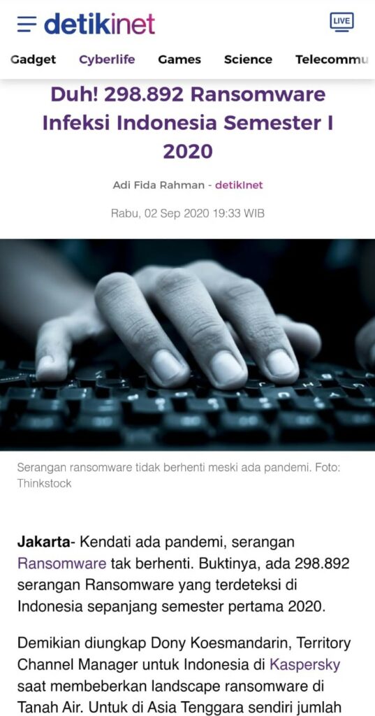 atika keamanan informasi. detik.com duh 298892 ransomware infeksi indonesia semester I 2020