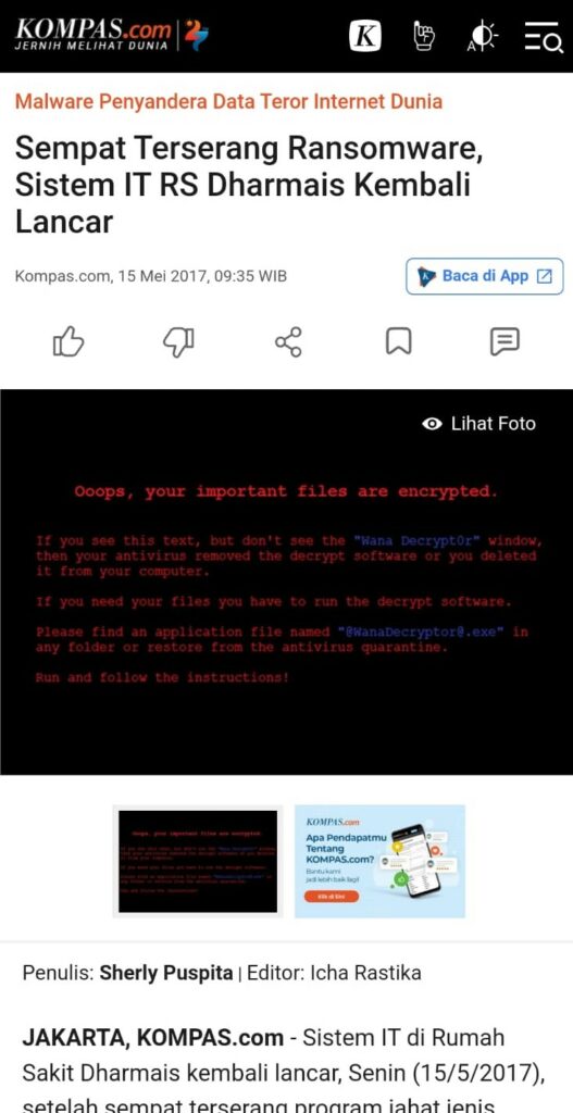 atika keamanan informasi. kompas.com sempat terserang ransomware sistem IT dharmais kembali lancar